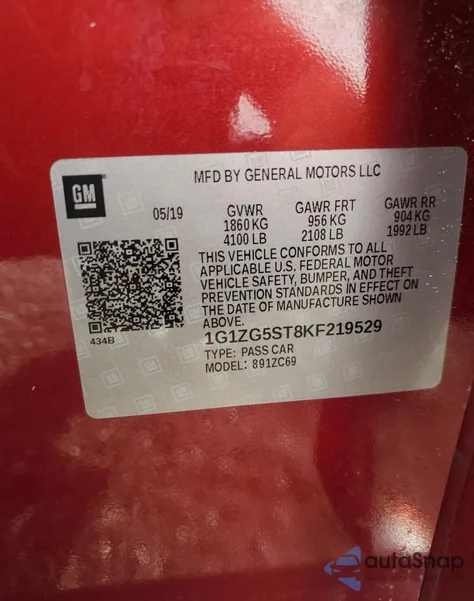 2019 Chevrolet Malibu Rs z USA, uszkodzony, nr VIN 1G1ZG5ST8KF219529